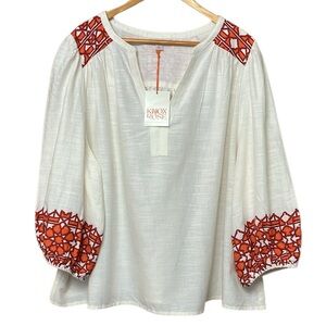 Knox Rose Boho Peasant Top 3/4 Sleeve Aztec Cream Orange NWT